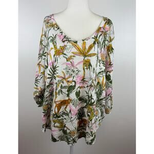 Rachel Zoe Womens 100% Linen Jungle Animals Print V-Neck Top Sz 2X | Lightweight